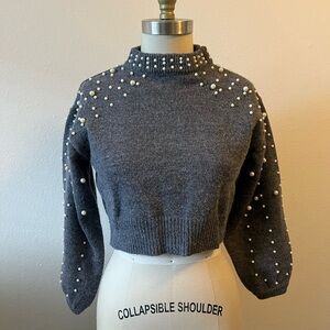 Charcoal Pearl-Embellished Women's Mock-neck Cropped Sweater